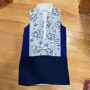 Sleeveless Floral Polo Shift Dress in Navy and White